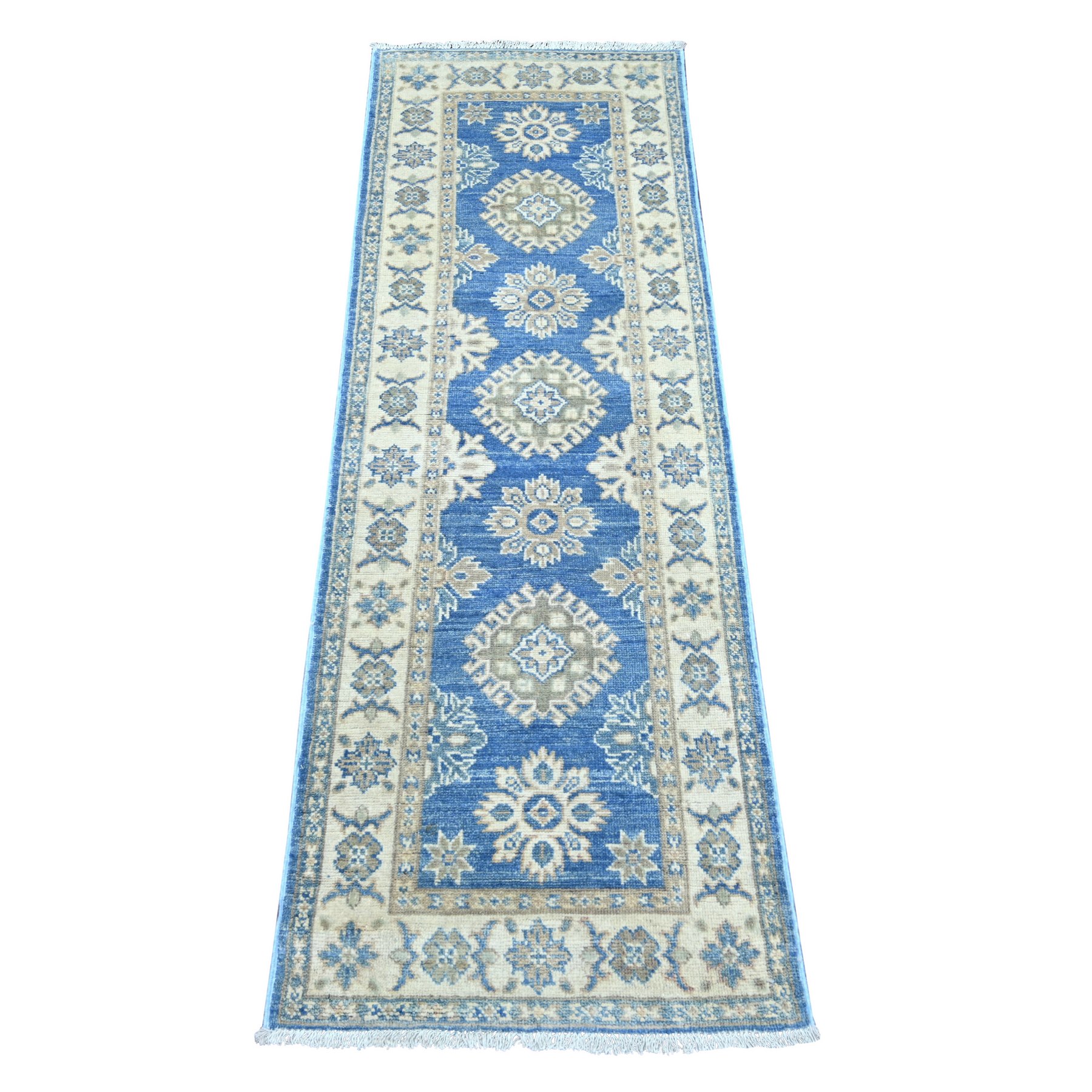 2'x5'7" Marlin Blue, Vintage Look Kazak with Tribal Medallions, Hand Knotted, 100% Wool, Natural Dyes, Short and Narrow Runner, Oriental Rug 